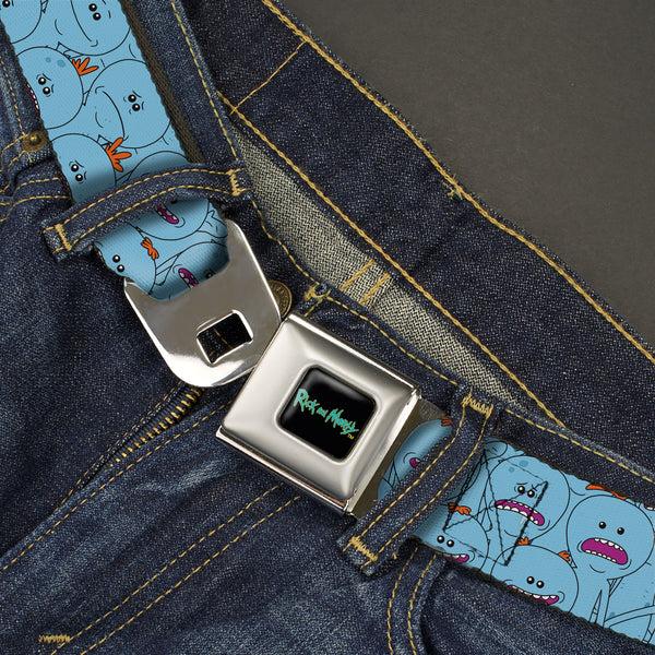 Buckle Down RICK AND MORTY Text Logo Full Color Black/Blue Seatbelt Belt - Rick And Morty Kirkland Meeseeks And Meeseeks Expressions Blue/Red Webbing