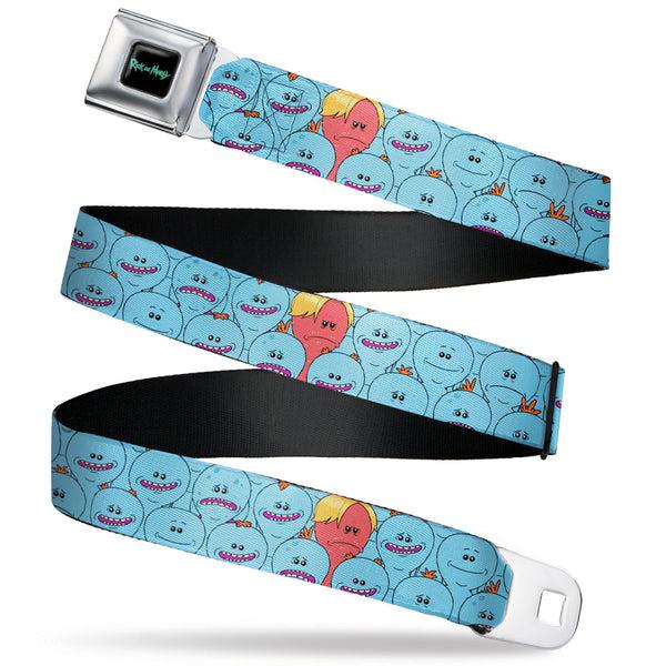 buckle down RICK AND MORTY Text Logo Full Color Black/Blue Seatbelt Belt - Rick and Morty Kirkland Meeseeks and Meeseeks Expressions Blue/Red Webbing
