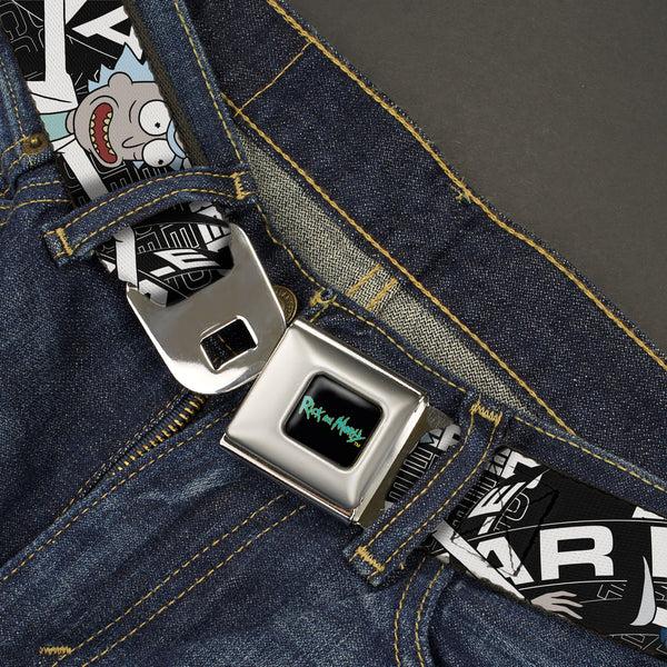 Buckle Down RICK AND MORTY Text Logo Full Color Black/Blue Seatbelt Belt - Rick And Morty FEAR HOLE Pose And Text Black/White Webbing