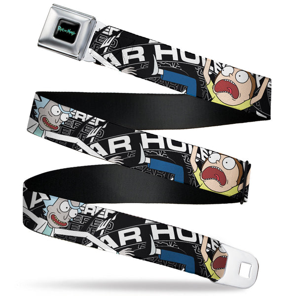 buckle down RICK AND MORTY Text Logo Full Color Black/Blue Seatbelt Belt - Rick and Morty FEAR HOLE Pose and Text Black/White Webbing