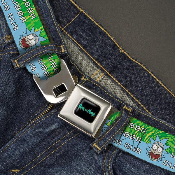 Buckle Down RICK AND MORTY Text Logo Full Color Black/Blue Seatbelt Belt - Rick And Morty Rick WUBBA LUBBA DUB DUB Face Greens/Blue Webbing