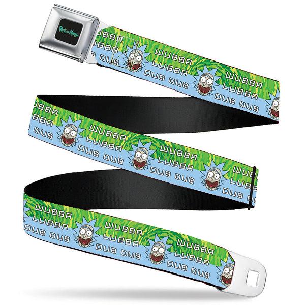 buckle down RICK AND MORTY Text Logo Full Color Black/Blue Seatbelt Belt - Rick and Morty Rick WUBBA LUBBA DUB DUB Face Greens/Blue Webbing