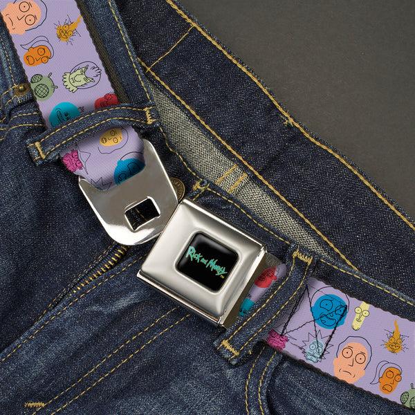 Buckle Down RICK AND MORTY Text Logo Full Color Black/Blue Seatbelt Belt - Rick And Morty Colorful Faces Collage Lavender Webbing