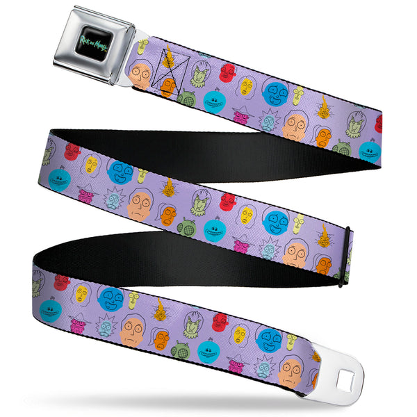buckle down RICK AND MORTY Text Logo Full Color Black/Blue Seatbelt Belt - Rick and Morty Colorful Faces Collage Lavender Webbing