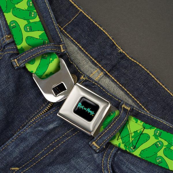 Buckle Down RICK AND MORTY Text Logo Full Color Black/Blue Seatbelt Belt - Rick And Morty Pickle Rick Scattered Greens Webbing