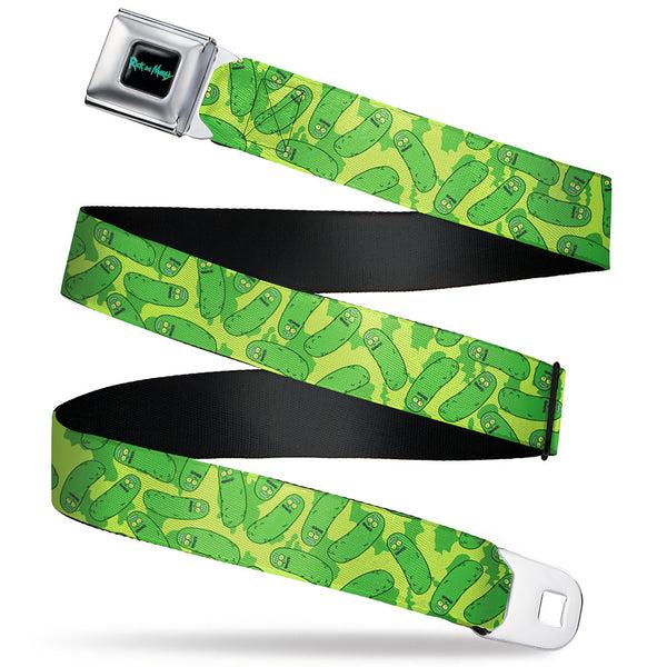 buckle down RICK AND MORTY Text Logo Full Color Black/Blue Seatbelt Belt - Rick and Morty Pickle Rick Scattered Greens Webbing