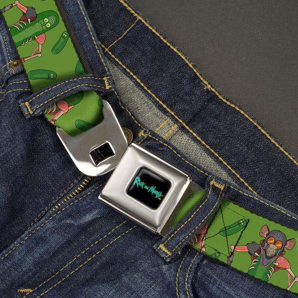 Buckle Down RICK AND MORTY Text Logo Full Color Black/Blue Seatbelt Belt - Rick And Morty Pickle Rick Rat Suit Poses Green Webbing