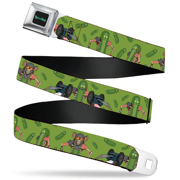 buckle down RICK AND MORTY Text Logo Full Color Black/Blue Seatbelt Belt - Rick and Morty Pickle Rick Rat Suit Poses Green Webbing