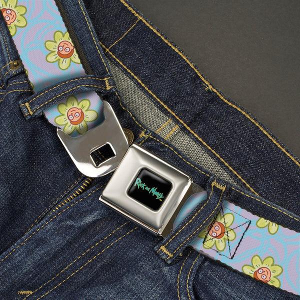 Buckle Down RICK AND MORTY Text Logo Full Color Black/Blue Seatbelt Belt - Rick & Morty Morty Face Flowers Scattered Doodle Blue/Lavender Webbing