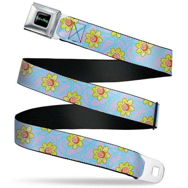 buckle down RICK AND MORTY Text Logo Full Color Black/Blue Seatbelt Belt - Rick & Morty Morty Face Flowers Scattered Doodle Blue/Lavender Webbing