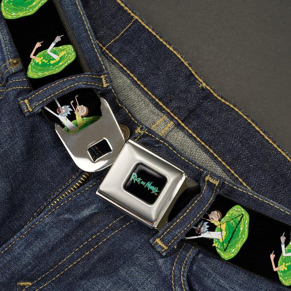 Buckle Down RICK AND MORTY Text Logo Full Color Black/Blue Seatbelt Belt - Rick And Morty Middle Finger Portal Jump Poses Black Webbing
