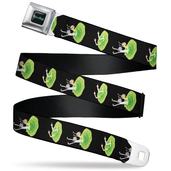 buckle down RICK AND MORTY Text Logo Full Color Black/Blue Seatbelt Belt - Rick and Morty Middle Finger Portal Jump Poses Black Webbing