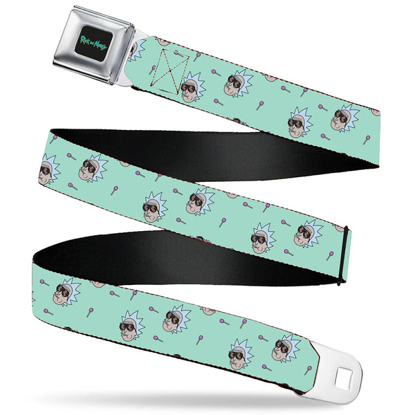 buckle down RICK AND MORTY Text Logo Full Color Black/Blue Seatbelt Belt - Rick and Morty Rick Lollipop Pose Scattered Teal Webbing