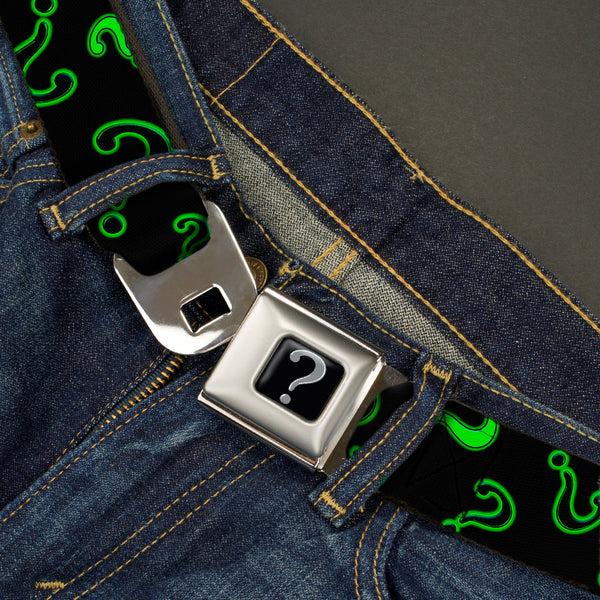 Buckle Down Riddler "?" Black Silver Seatbelt Belt - Question Mark Scattere2 Black/Neon Green Webbing