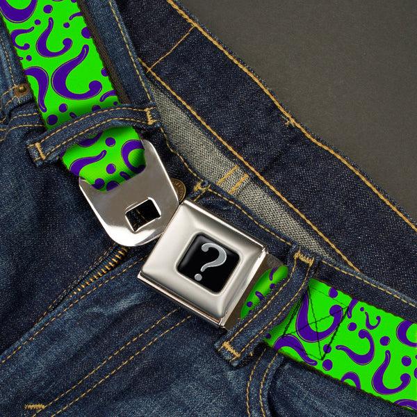Buckle Down Riddler "?" Black Silver Seatbelt Belt - Question Mark Scattered Lime Green/Purple Webbing