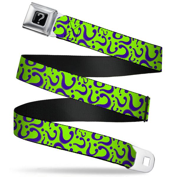 buckle down Riddler "?" Black Silver Seatbelt Belt - Question Mark Scattered Lime Green/Purple Webbing