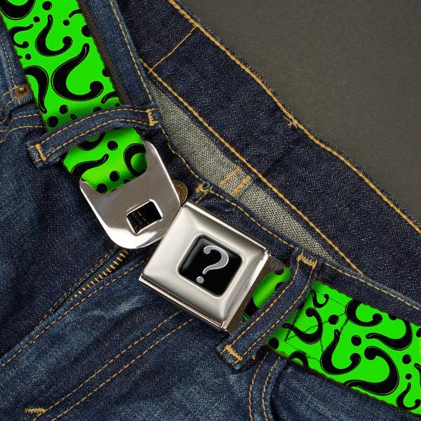 Buckle Down Riddler "?" Black Silver Seatbelt Belt - Question Mark Scattered Lime Green/Black Webbing