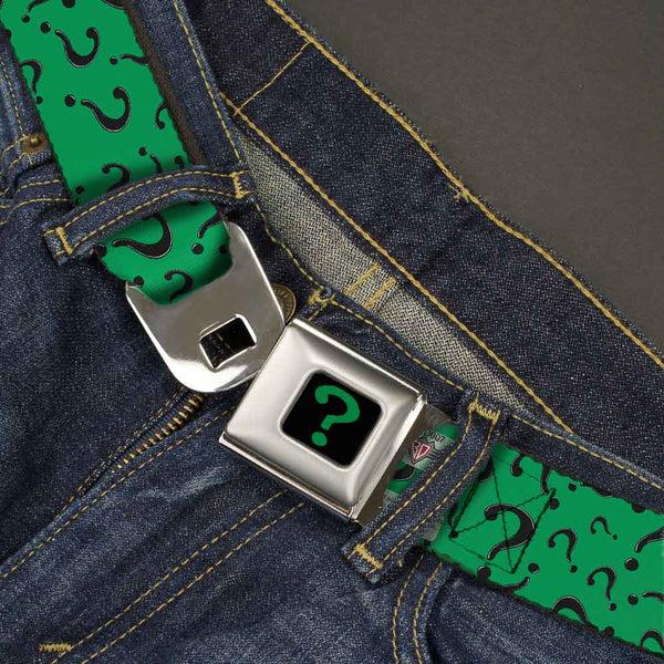 Buckle Down Riddler "?" Full Color Black Green Seatbelt Belt - Question Mark Scattered3 Dark Green/Black Webbing