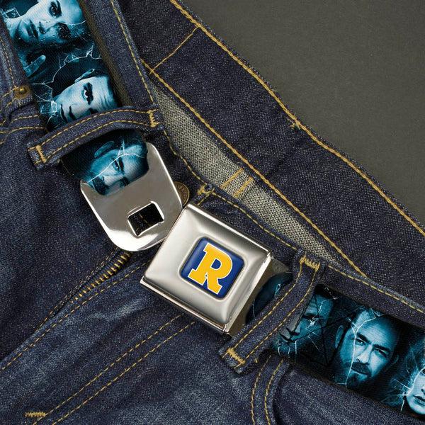Buckle Down RIVERDALE "R" Logo Full Color Blue White Yellow Seatbelt Belt - RIVERDALE 10-Character Faces Shatter Black/Blues Webbing