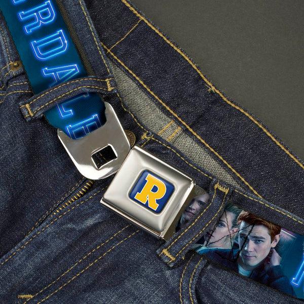 Buckle Down RIVERDALE "R" Logo Full Color Blue White Yellow Seatbelt Belt - RIVERDALE 7-Character Group Pose Blues Webbing