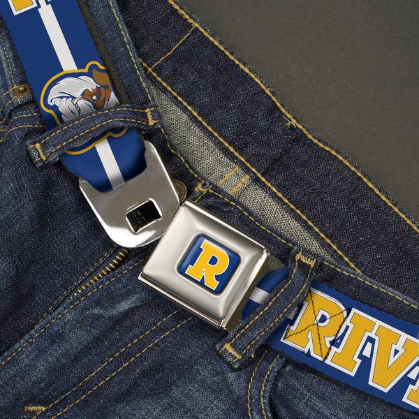 Buckle Down RIVERDALE "R" Logo Full Color Blue White Yellow Seatbelt Belt - RIVERDALE/Bulldog Mascot Stripe Blue/White/Yellow Webbing