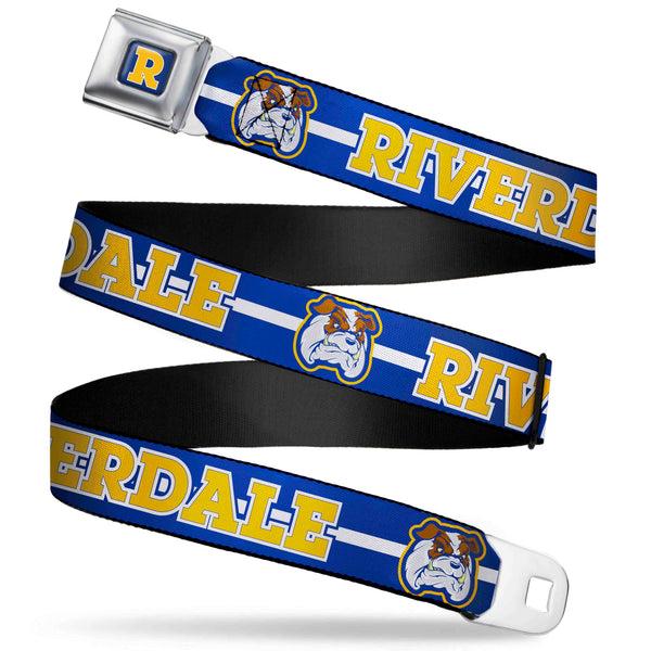 buckle down RIVERDALE "R" Logo Full Color Blue White Yellow Seatbelt Belt - RIVERDALE/Bulldog Mascot Stripe Blue/White/Yellow Webbing