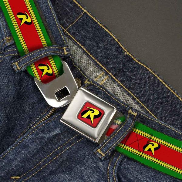 Buckle Down Robin "R" Logo Full Color Red Black Yellow Seatbelt Belt - Robin "R" Logo Stripe Green/Yellow/Red/Black Webbing