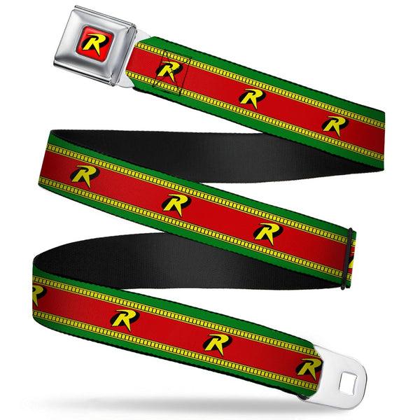buckle down Robin "R" Logo Full Color Red Black Yellow Seatbelt Belt - Robin "R" Logo Stripe Green/Yellow/Red/Black Webbing