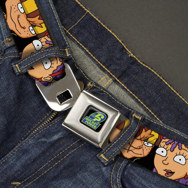 Buckle Down ROCKET POWER RP Logo Full Color Black/Green/Blue Seatbelt Belt - ROCKET POWER RP Logo/4-Character Faces CLOSE-UP Black/Green/Blue Webbing