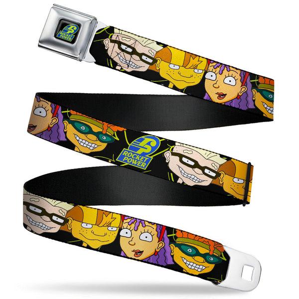 buckle down ROCKET POWER RP Logo Full Color Black/Green/Blue Seatbelt Belt - ROCKET POWER RP Logo/4-Character Faces CLOSE-UP Black/Green/Blue Webbing