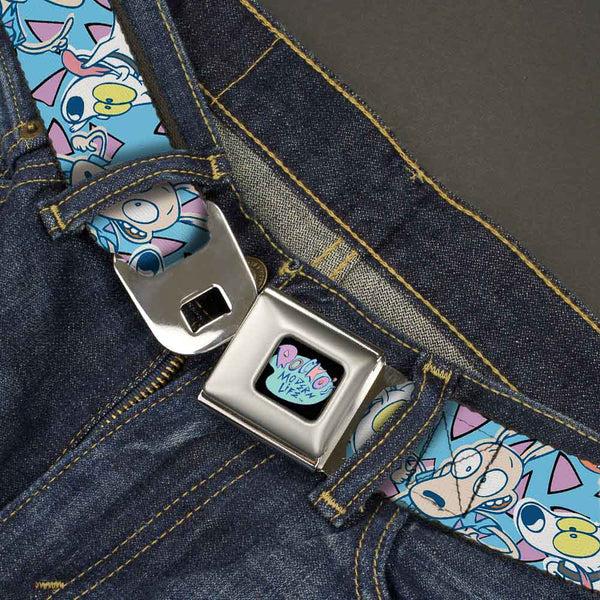 Buckle Down ROCKO'S MODERN LIFE Logo Full Color Black/Blues Seatbelt Belt - Rocko & Spunky Scattered Expressions/Triangles Blue/Lavender Webbing