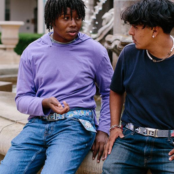 Buckle Down ROCKO'S MODERN LIFE Logo Full Color Black/Blues Seatbelt Belt - Rocko & Spunky Scattered Expressions/Triangles Blue/Lavender Webbing