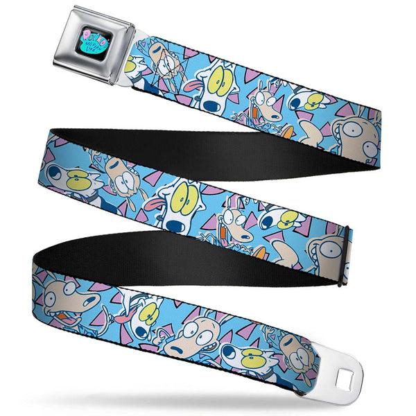 buckle down ROCKO'S MODERN LIFE Logo Full Color Black/Blues Seatbelt Belt - Rocko & Spunky Scattered Expressions/Triangles Blue/Lavender Webbing