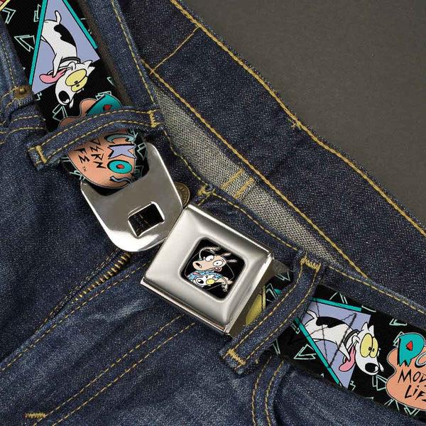 Buckle Down Rocko & Spunky Pose Full Color Black Seatbelt Belt - ROCKO'S MODERN LIFE Character Portraits/Triangles Black/Blue Webbing