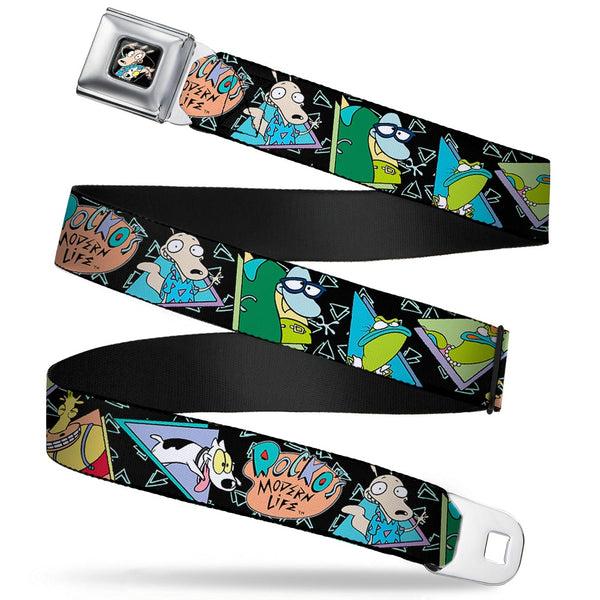buckle down Rocko & Spunky Pose Full Color Black Seatbelt Belt - ROCKO'S MODERN LIFE Character Portraits/Triangles Black/Blue Webbing