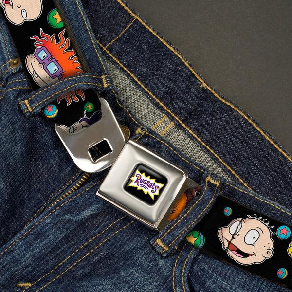 Buckle Down RUGRATS Logo Full Color Seatbelt Belt - Rugrats Character Expressions Black Webbing