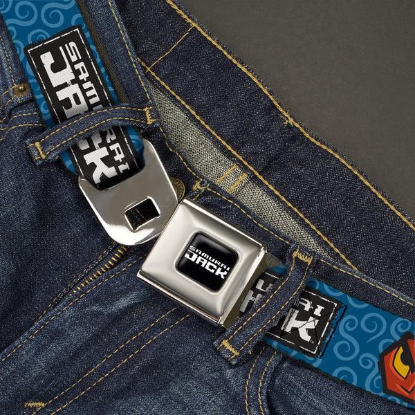 Buckle Down SAMURAI JACK Title Logo Full Color Black/White Seatbelt Belt - SAMURAI JACK Title Logo And Icons With Swirl Blues Webbing