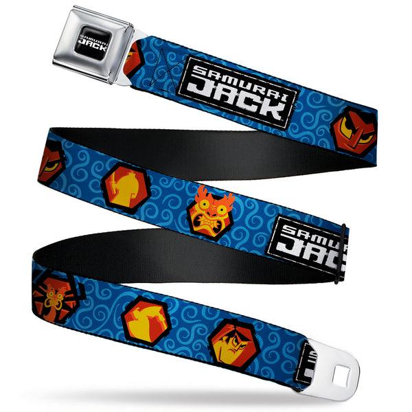 buckle down SAMURAI JACK Title Logo Full Color Black/White Seatbelt Belt - SAMURAI JACK Title Logo and Icons with Swirl Blues Webbing