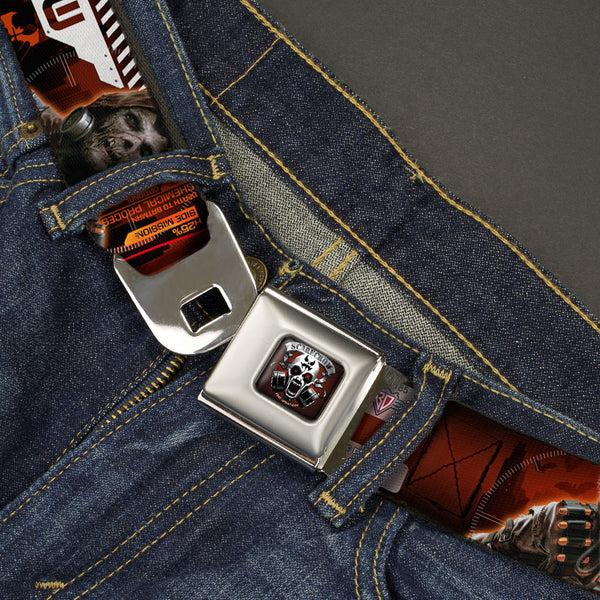 Buckle Down SCARECROW Arkham Knight Skull Icon Full Color Reds Seatbelt Belt - SCARECROW Arkham Knight Profile/2-Poses Orange/Black/White Webbing