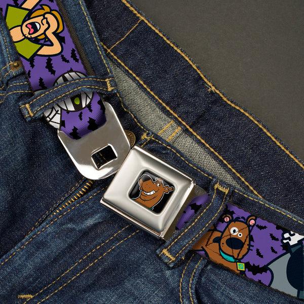 Buckle Down Scooby Doo Face Full Color Black Seatbelt Belt - Mini Scooby Doo Halloween/Bats Purple/Black Webbing