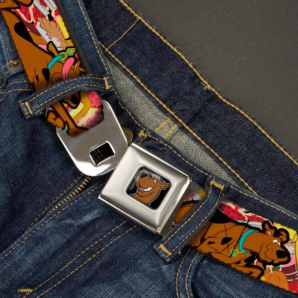 Buckle Down Scooby Doo Face Full Color Black Seatbelt Belt - Scooby Doo Poses/Snacks Stacked Webbing