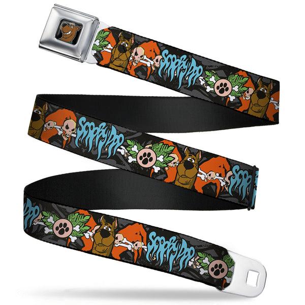 buckle down Scooby Doo Face Full Color Black Seatbelt Belt - SCOOBY DOO Face/Paw & Crossbones Gray/Black/Orange/Blue Webbing
