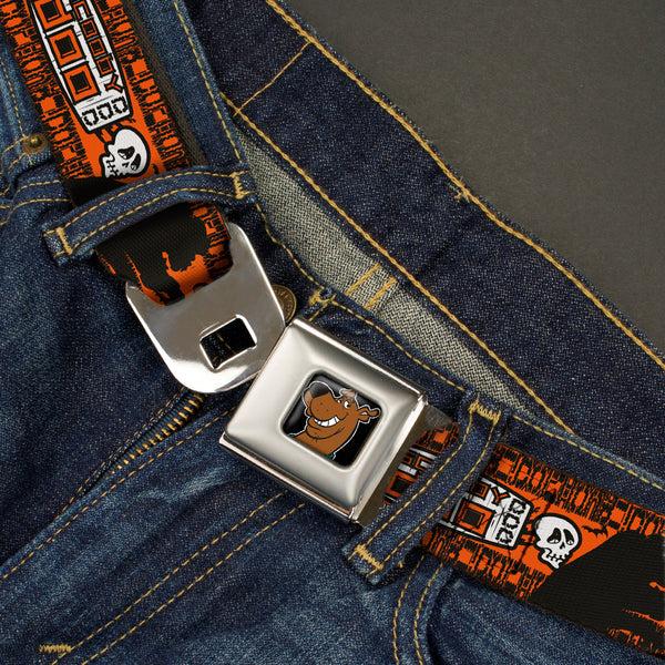 Buckle Down Scooby Doo Face Full Color Black Seatbelt Belt - SCOOBY DOO Running Chase Orange/Black/White Webbing
