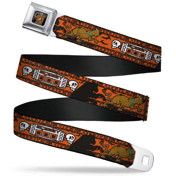 buckle down Scooby Doo Face Full Color Black Seatbelt Belt - SCOOBY DOO Running Chase Orange/Black/White Webbing