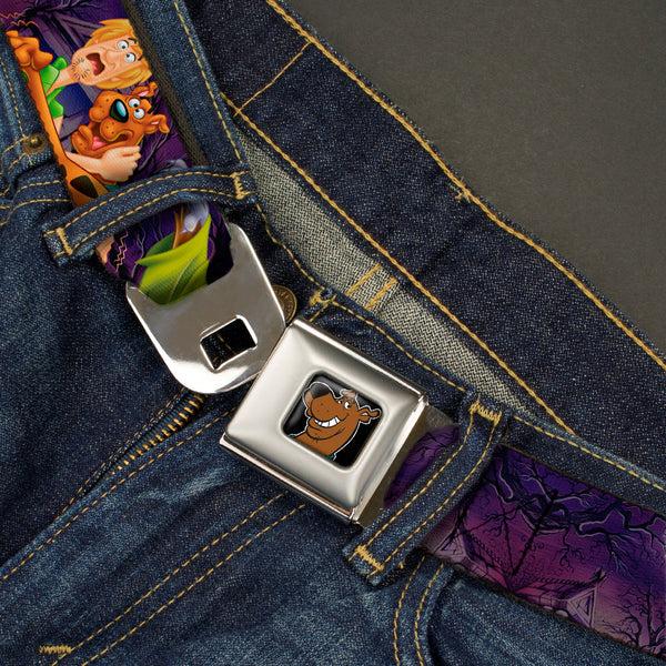 Buckle Down Scooby Doo Face Full Color Black Seatbelt Belt - Scooby & Shaggy Hugging W/Werewolf Man Purple Webbing