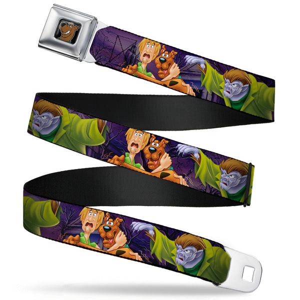 buckle down Scooby Doo Face Full Color Black Seatbelt Belt - Scooby & Shaggy Hugging w/Werewolf Man Purple Webbing