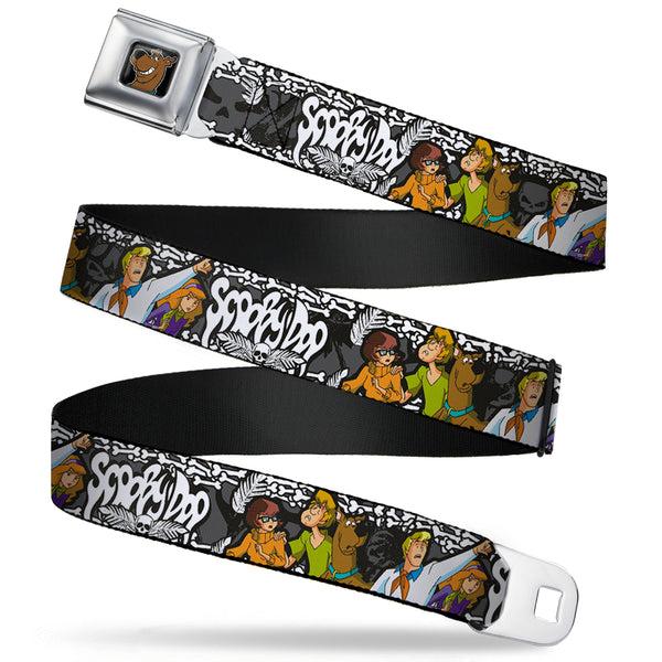 buckle down Scooby Doo Face Full Color Black Seatbelt Belt - SCOOBY DOO Group Pose/Bones Webbing