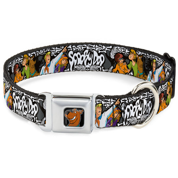 buckle down Scooby Doo Face Full Color Black Seatbelt Buckle Collar - SCOOBY DOO Group Pose/Bones