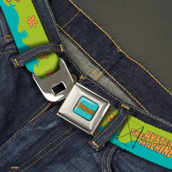 Buckle Down SCOOBY DOO Text Logo Full Color Aqua/Orange Seatbelt Belt - Scooby Doo THE MYSTERY MACHINE Paint Job Green/Aqua/Orange Webbing