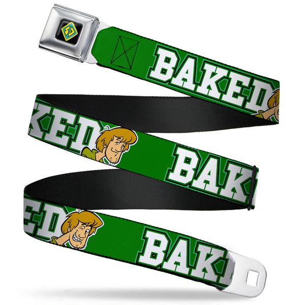 buckle down SD Dog Tag Full Color Black Yellow Blue Seatbelt Belt - Shaggy Poses/BAKED Green/White Webbing